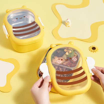 Cute Bee Kids Lunch Box, Food Grade Stainless Steel Bento Box, Divided Compartments, Leak Proof Portable Food Container for Toddler Boys Girls