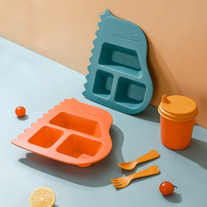 Kids Dinosaur Dinnerware Set, Wheat Straw Cartoon Divided Plate, Baby Feeding Bowl, Cup, Fork & Spoon, Toddler Tableware