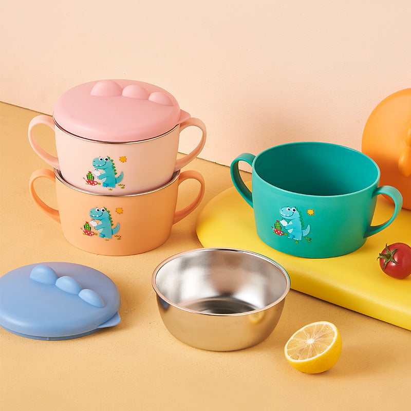 Cute Dinosaur Kids Stainless Steel Bowl with Handles and Lid, Baby Double Ear Soup Bowl, Children Food Feeding Tableware