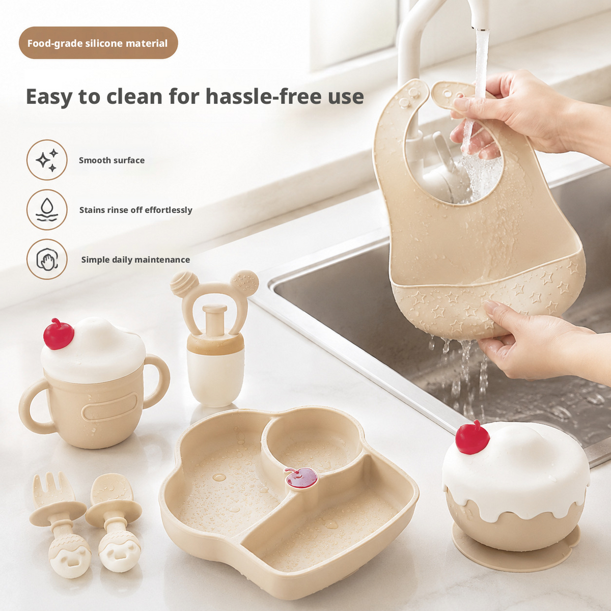 Heat Resistant Silicone Baby Feeding Tableware Set, Steam Sterilizable