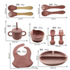 10-piece children's tableware feeding set, including baby complementary food bowl, dinner plate, spoon, fork, bib and silicone dinner plate.