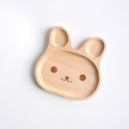 Cute Rabbit Shaped Rubber Wood Kids Divided Plate, Cartoon Irregular Wooden Dinner Tray for Children