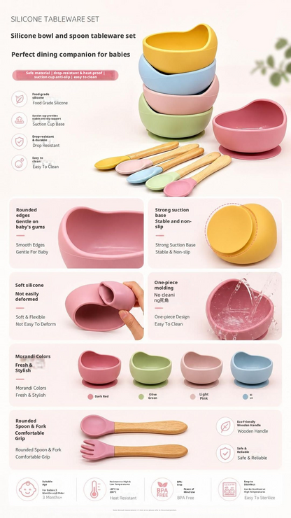 Baby Silicone Bowl & Spoon Set, Anti‑Drop Suction Training Feeding Set for Self‑Feeding