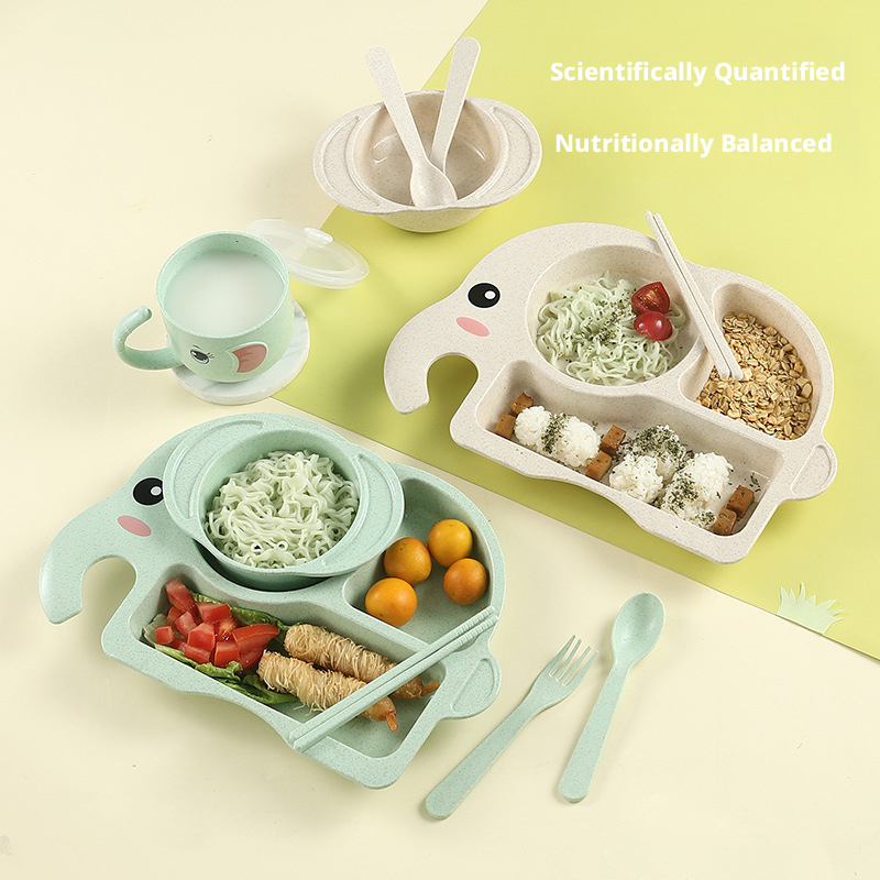 Adorable Elephant Wheat‑Straw Kids Dinnerware 6‑Piece Set | Toddler Self‑Feeding Kit, Divided Plate, Bowl, Straw Cup, Spoon Fork Chopsticks, 4 Colors Pink Blue Green Beige