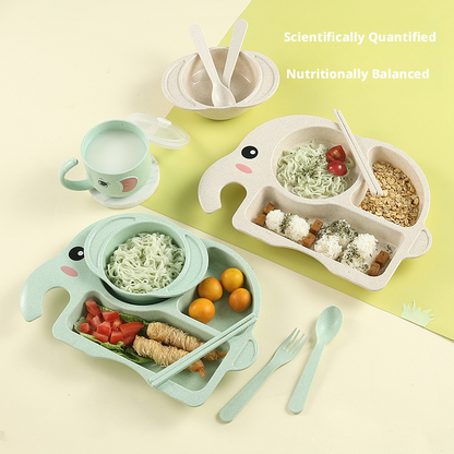Adorable Elephant Wheat‑Straw Kids Dinnerware 6‑Piece Set | Toddler Self‑Feeding Kit, Divided Plate, Bowl, Straw Cup, Spoon Fork Chopsticks, 4 Colors Pink Blue Green Beige