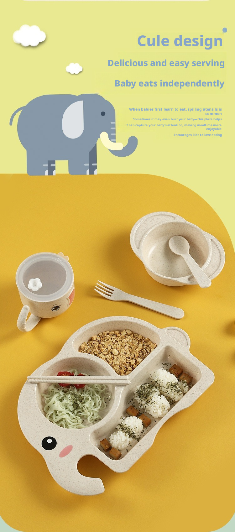 Adorable Elephant Wheat‑Straw Kids Dinnerware 6‑Piece Set | Toddler Self‑Feeding Kit, Divided Plate, Bowl, Straw Cup, Spoon Fork Chopsticks, 4 Colors Pink Blue Green Beige