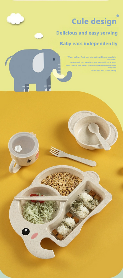 Adorable Elephant Wheat‑Straw Kids Dinnerware 6‑Piece Set | Toddler Self‑Feeding Kit, Divided Plate, Bowl, Straw Cup, Spoon Fork Chopsticks, 4 Colors Pink Blue Green Beige