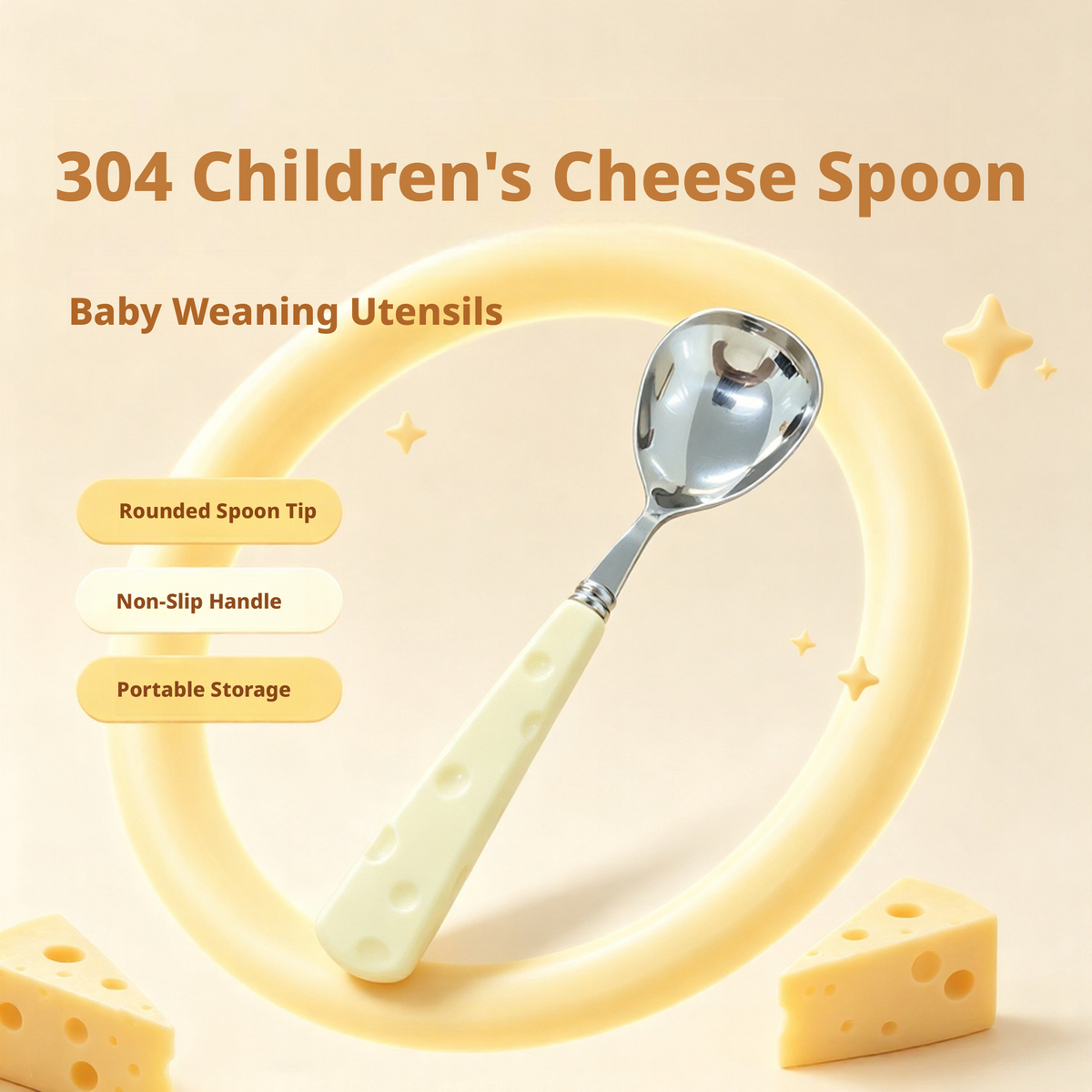 304 Stainless Steel Kids Cheese Spoon, Baby Self‑Feeding Training Spoon with Anti‑Slip Handle & Portable Storage Case