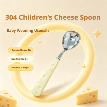 304 Stainless Steel Kids Cheese Spoon, Baby Self‑Feeding Training Spoon with Anti‑Slip Handle & Portable Storage Case
