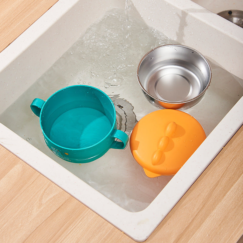 Cute Dinosaur Kids Stainless Steel Bowl with Handles and Lid, Baby Double Ear Soup Bowl, Children Food Feeding Tableware