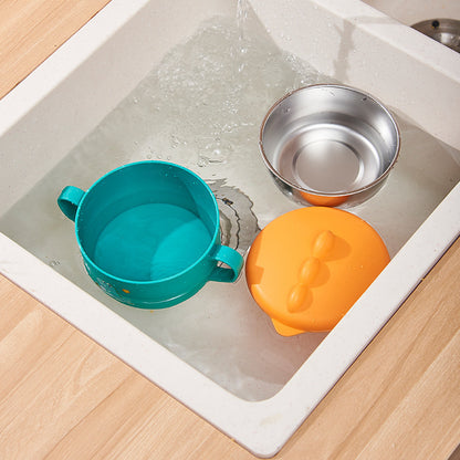 Cute Dinosaur Kids Stainless Steel Bowl with Handles and Lid, Baby Double Ear Soup Bowl, Children Food Feeding Tableware