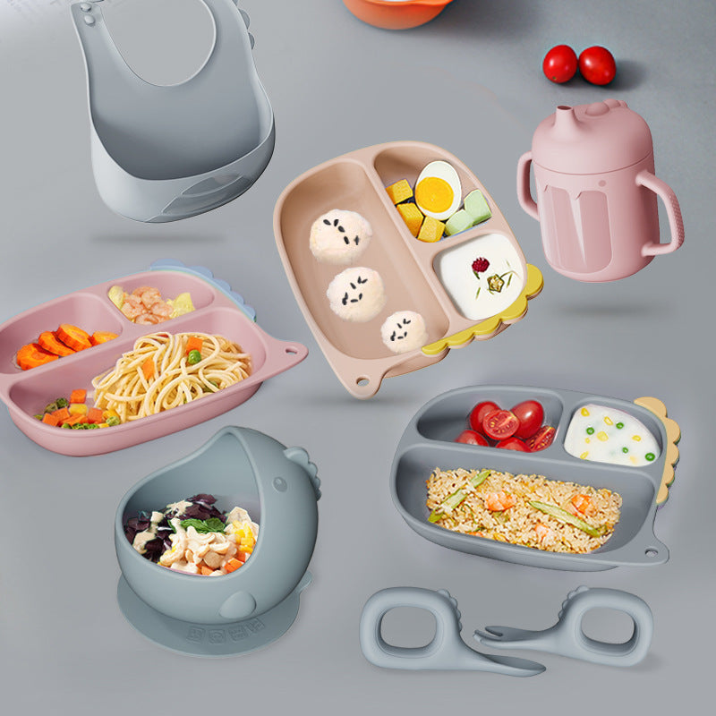 Cross-border Hot-selling Cartoon Dinosaur Silicone Dining Plate Set for Baby Food, Including Plate, Bowl, Fork, Spoon and Bib, Drop-resistant