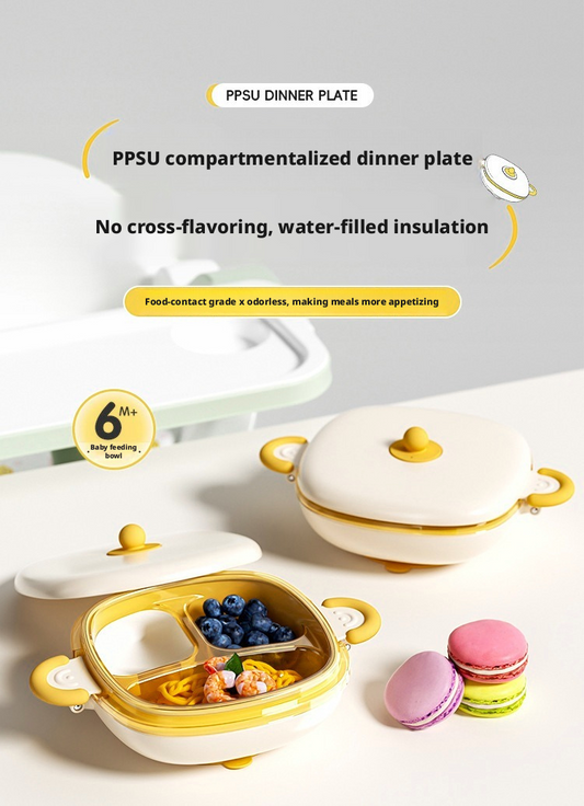 Baby Water‑Filled Insulated Plate, PPSU Divided Suction Toddler Plate for Self‑Feeding