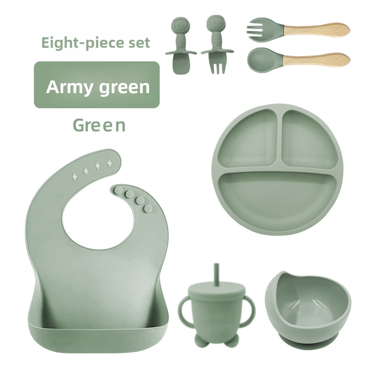 Baby Silicone Tableware Set 8‑Piece, Food‑Grade Infant Suction Tableware, Includes Bib & Spoon for Baby Food Supplement