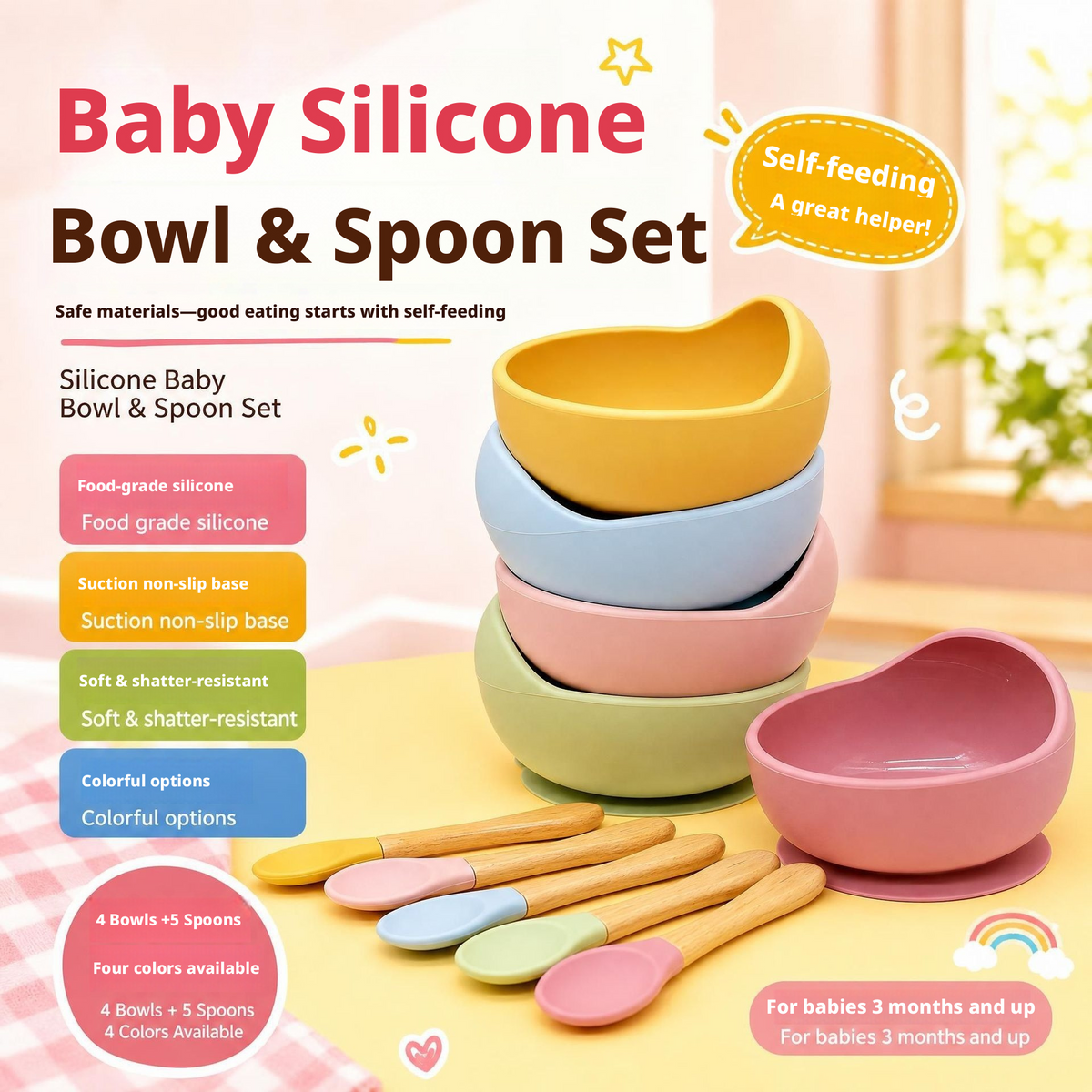 Baby Silicone Bowl & Spoon Set, Anti‑Drop Suction Training Feeding Set for Self‑Feeding