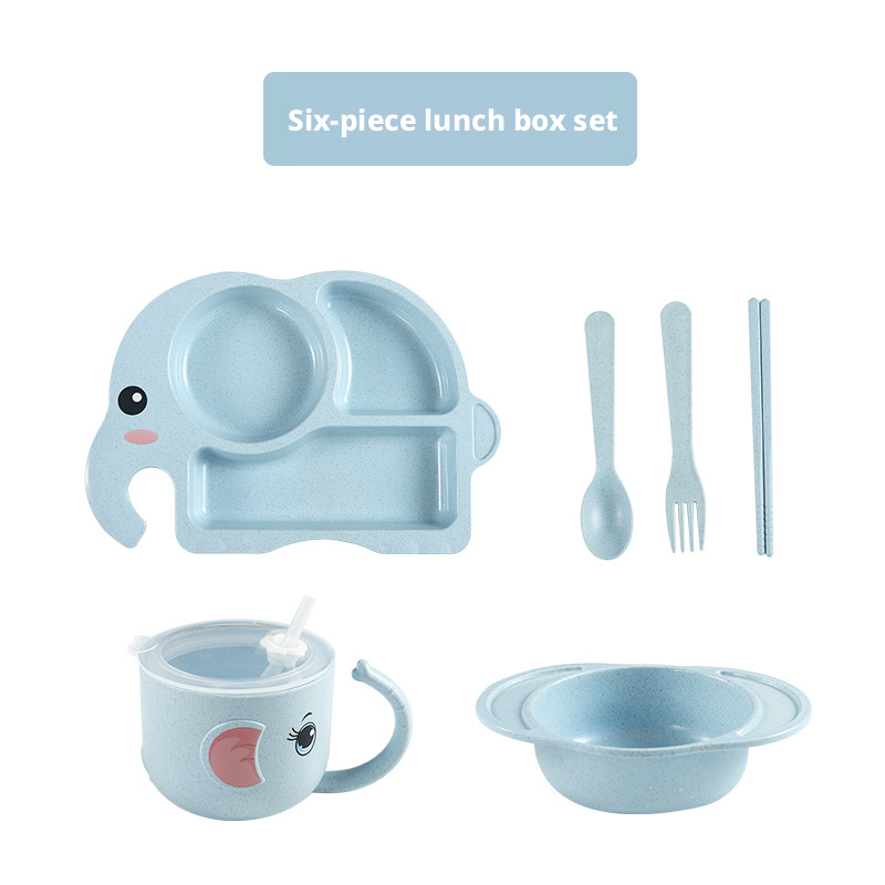 Adorable Elephant Wheat‑Straw Kids Dinnerware 6‑Piece Set | Toddler Self‑Feeding Kit, Divided Plate, Bowl, Straw Cup, Spoon Fork Chopsticks, 4 Colors Pink Blue Green Beige