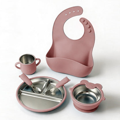 Food Grade Silicone Baby Feeding Set | Divided Plate, Suction Bowl, Stainless Steel Cup, Spoon & Fork, BPA-Free Toddler Self-Feeding Tableware