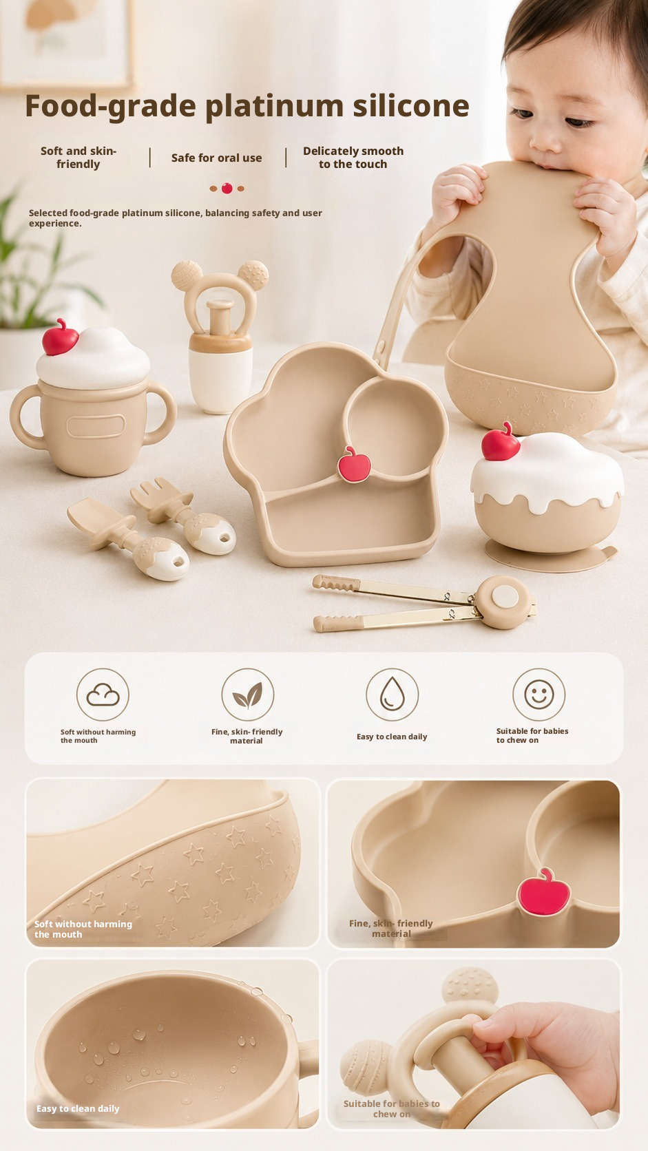 Heat Resistant Silicone Baby Feeding Tableware Set, Steam Sterilizable