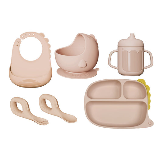 Cross-border Hot-selling Cartoon Dinosaur Silicone Dining Plate Set for Baby Food, Including Plate, Bowl, Fork, Spoon and Bib, Drop-resistant