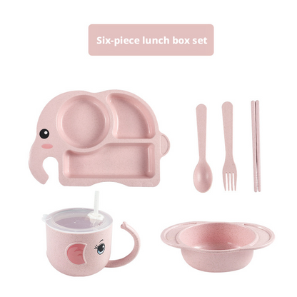 Adorable Elephant Wheat‑Straw Kids Dinnerware 6‑Piece Set | Toddler Self‑Feeding Kit, Divided Plate, Bowl, Straw Cup, Spoon Fork Chopsticks, 4 Colors Pink Blue Green Beige