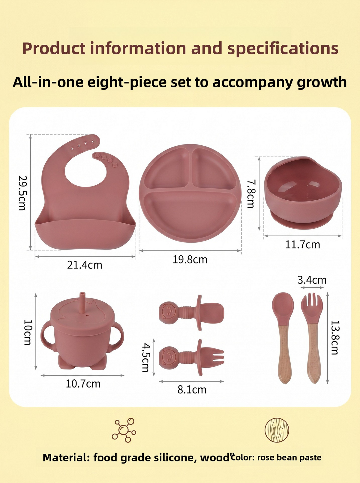 Baby Silicone Tableware Set 8‑Piece, Food‑Grade Infant Suction Tableware, Includes Bib & Spoon for Baby Food Supplement