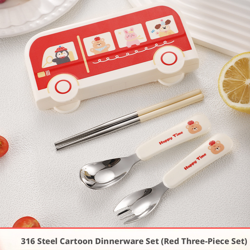 Cute Bus Kids Portable Cutlery Set, 316L Stainless Steel Spoon Fork Chopsticks with Storage Case for School Travel