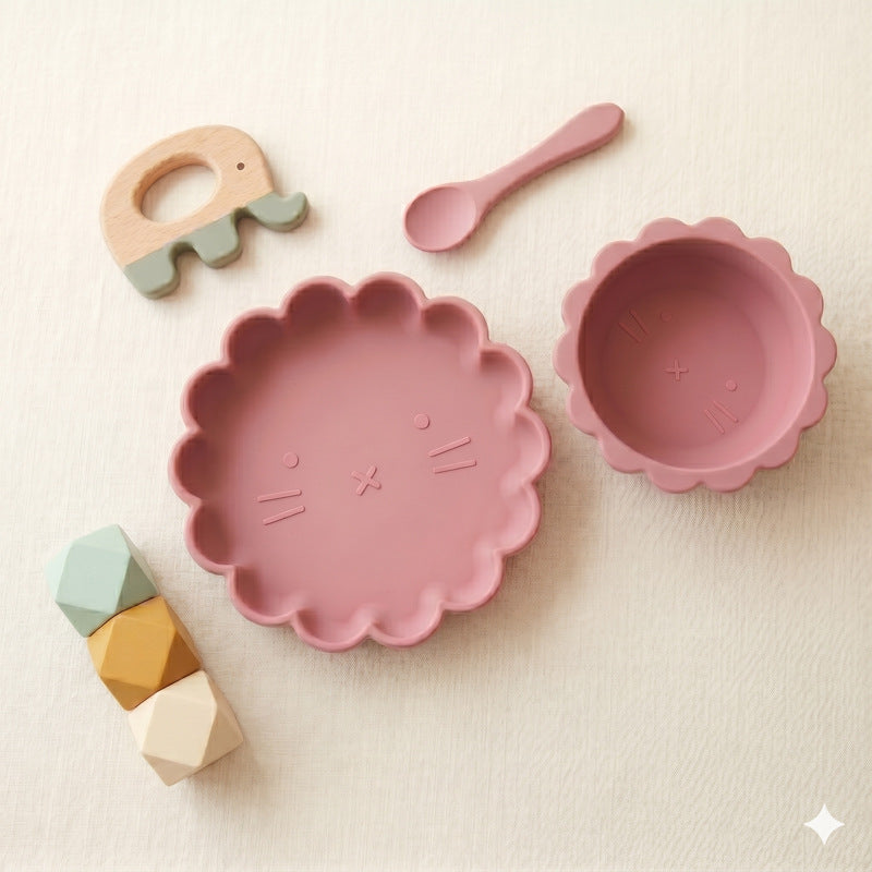Food Grade Silicone Baby Tableware Set, High Temperature Resistant Dinner Plate, Baby Food Bowl, Cute Lion Cartoon Anti-drop Bowl, Cross-border