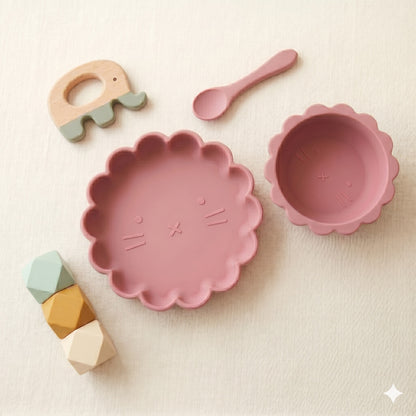 Food Grade Silicone Baby Tableware Set, High Temperature Resistant Dinner Plate, Baby Food Bowl, Cute Lion Cartoon Anti-drop Bowl, Cross-border