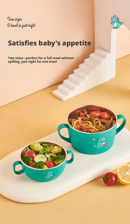 Cute Dinosaur Kids Stainless Steel Bowl with Handles and Lid, Baby Double Ear Soup Bowl, Children Food Feeding Tableware