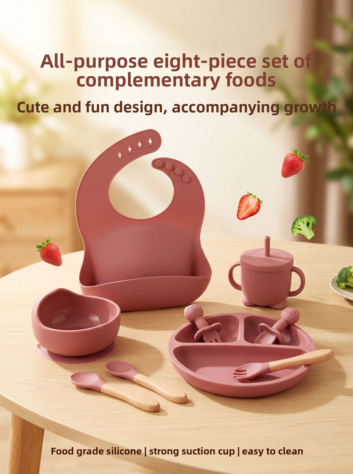 Baby Silicone Tableware Set 8‑Piece, Food‑Grade Infant Suction Tableware, Includes Bib & Spoon for Baby Food Supplement