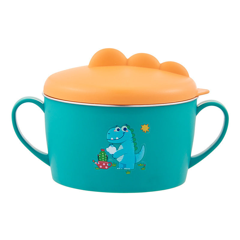 Cute Dinosaur Kids Stainless Steel Bowl with Handles and Lid, Baby Double Ear Soup Bowl, Children Food Feeding Tableware