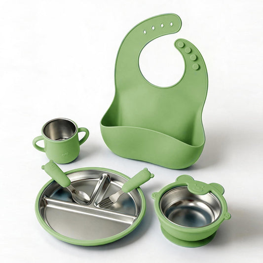 Food Grade Silicone Baby Feeding Set | Divided Plate, Suction Bowl, Stainless Steel Cup, Spoon & Fork, BPA-Free Toddler Self-Feeding Tableware