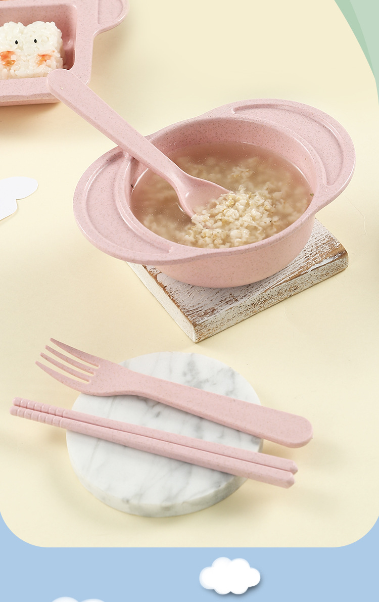 Adorable Elephant Wheat‑Straw Kids Dinnerware 6‑Piece Set | Toddler Self‑Feeding Kit, Divided Plate, Bowl, Straw Cup, Spoon Fork Chopsticks, 4 Colors Pink Blue Green Beige