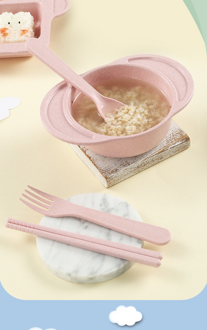Adorable Elephant Wheat‑Straw Kids Dinnerware 6‑Piece Set | Toddler Self‑Feeding Kit, Divided Plate, Bowl, Straw Cup, Spoon Fork Chopsticks, 4 Colors Pink Blue Green Beige
