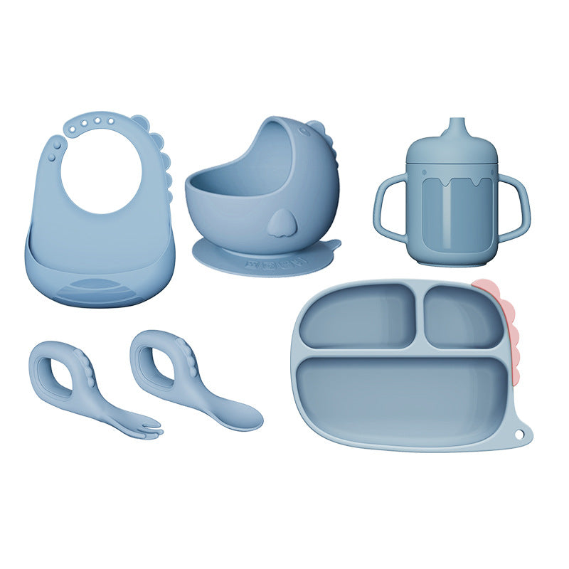 Cross-border Hot-selling Cartoon Dinosaur Silicone Dining Plate Set for Baby Food, Including Plate, Bowl, Fork, Spoon and Bib, Drop-resistant