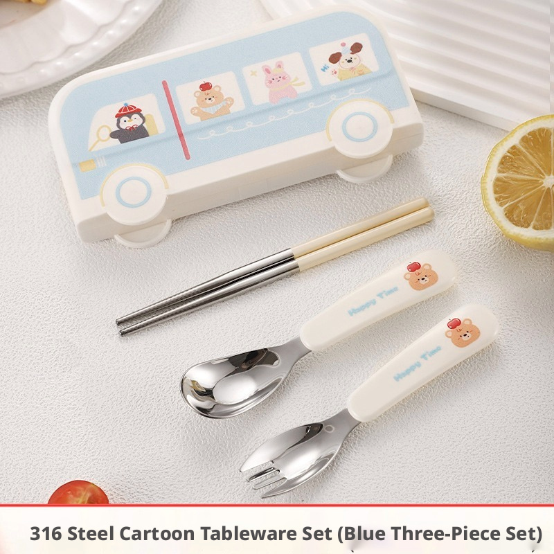 Cute Bus Kids Portable Cutlery Set, 316L Stainless Steel Spoon Fork Chopsticks with Storage Case for School Travel