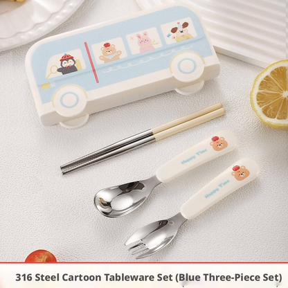 Cute Bus Kids Portable Cutlery Set, 316L Stainless Steel Spoon Fork Chopsticks with Storage Case for School Travel