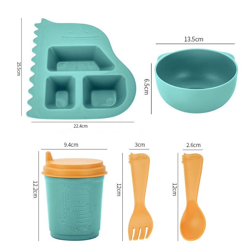 Kids Dinosaur Dinnerware Set, Wheat Straw Cartoon Divided Plate, Baby Feeding Bowl, Cup, Fork & Spoon, Toddler Tableware