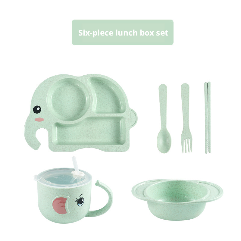 Adorable Elephant Wheat‑Straw Kids Dinnerware 6‑Piece Set | Toddler Self‑Feeding Kit, Divided Plate, Bowl, Straw Cup, Spoon Fork Chopsticks, 4 Colors Pink Blue Green Beige