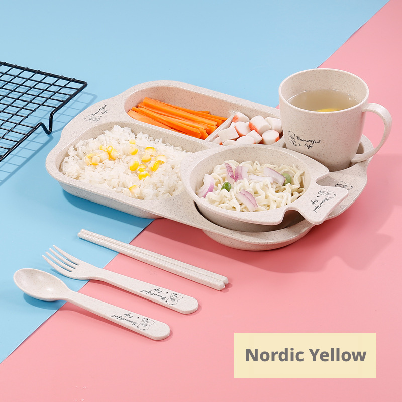 Cute Wheat Straw Kids Dinnerware Set, Divided Plate Complete Tableware Kit for Toddlers, 4 Colors Available