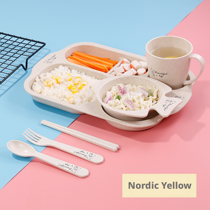Cute Wheat Straw Kids Dinnerware Set, Divided Plate Complete Tableware Kit for Toddlers, 4 Colors Available