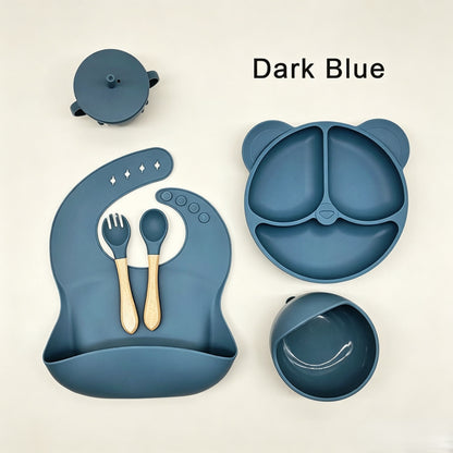 Cross-border 5-Piece Silicone Tableware Set for Children: Includes Silicone Tray, Baby Silicone Bowl for Complementary Foods, and Feeding Spoon.