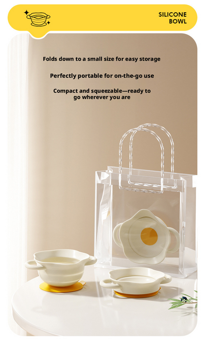 Food‑Grade Silicone Baby Suction Bowl, Foldable Cartoon Toddler Feeding Bowl for Baby Complementary Food