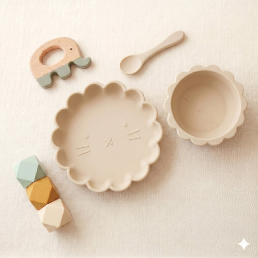 Food Grade Silicone Baby Tableware Set, High Temperature Resistant Dinner Plate, Baby Food Bowl, Cute Lion Cartoon Anti-drop Bowl, Cross-border