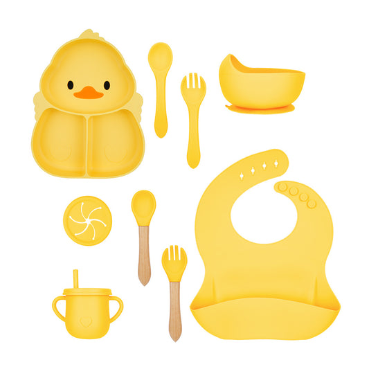 Cartoon Food-Grade Silicone Tableware Set for Babies, Anti-Drop Bowl, Cup and Bib for Infant Complementary Feeding