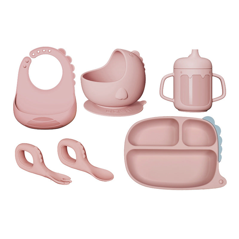 Cross-border Hot-selling Cartoon Dinosaur Silicone Dining Plate Set for Baby Food, Including Plate, Bowl, Fork, Spoon and Bib, Drop-resistant