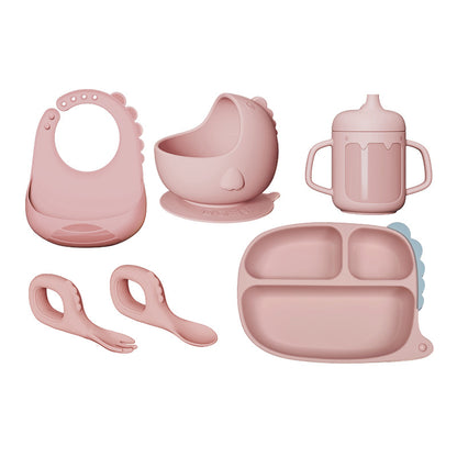 Cross-border Hot-selling Cartoon Dinosaur Silicone Dining Plate Set for Baby Food, Including Plate, Bowl, Fork, Spoon and Bib, Drop-resistant