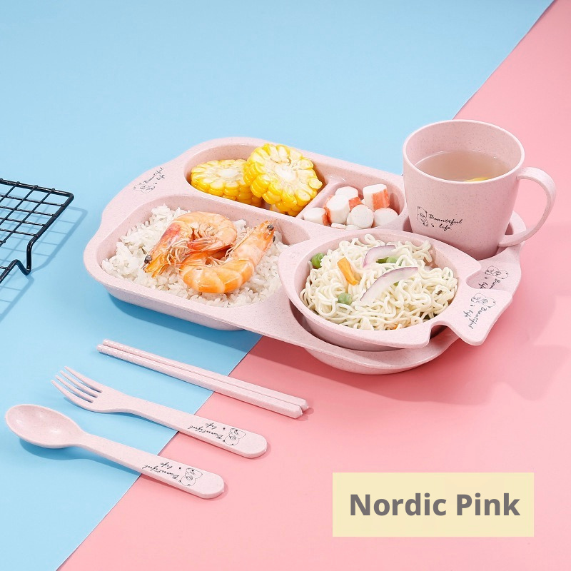 Cute Wheat Straw Kids Dinnerware Set, Divided Plate Complete Tableware Kit for Toddlers, 4 Colors Available