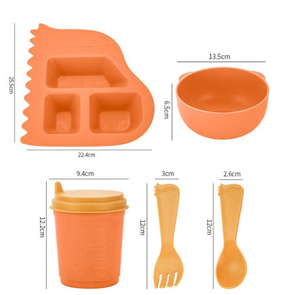 Kids Dinosaur Dinnerware Set, Wheat Straw Cartoon Divided Plate, Baby Feeding Bowl, Cup, Fork & Spoon, Toddler Tableware