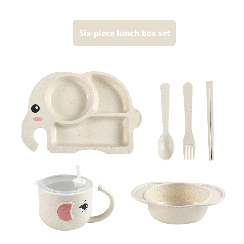 Adorable Elephant Wheat‑Straw Kids Dinnerware 6‑Piece Set | Toddler Self‑Feeding Kit, Divided Plate, Bowl, Straw Cup, Spoon Fork Chopsticks, 4 Colors Pink Blue Green Beige